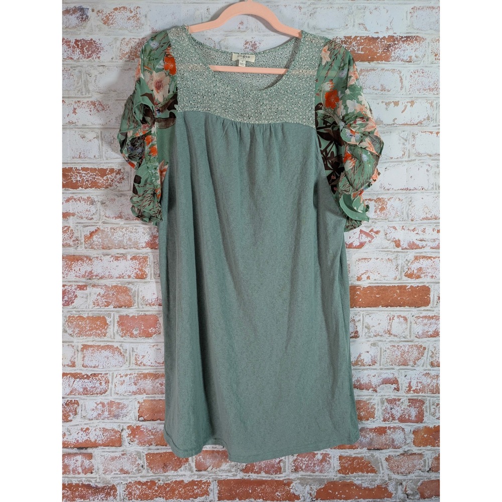 Umgee Tunic Dress‎ Womens Small Green Floral Flutter Sleeve Boho A5495